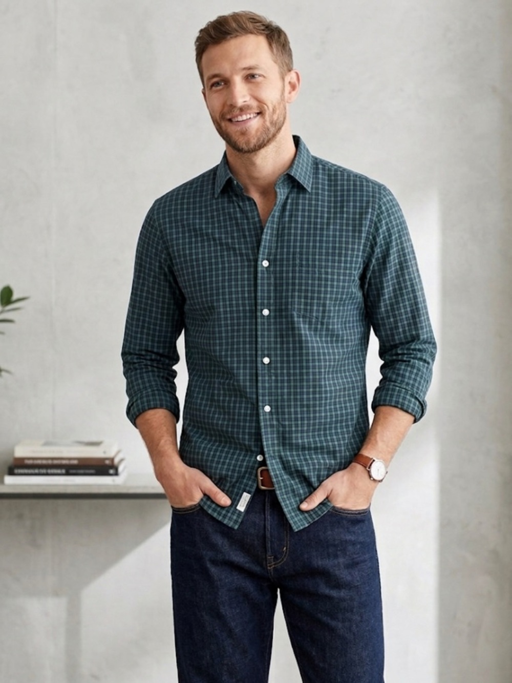 J. Crew Navy and Green Checkered Shirt